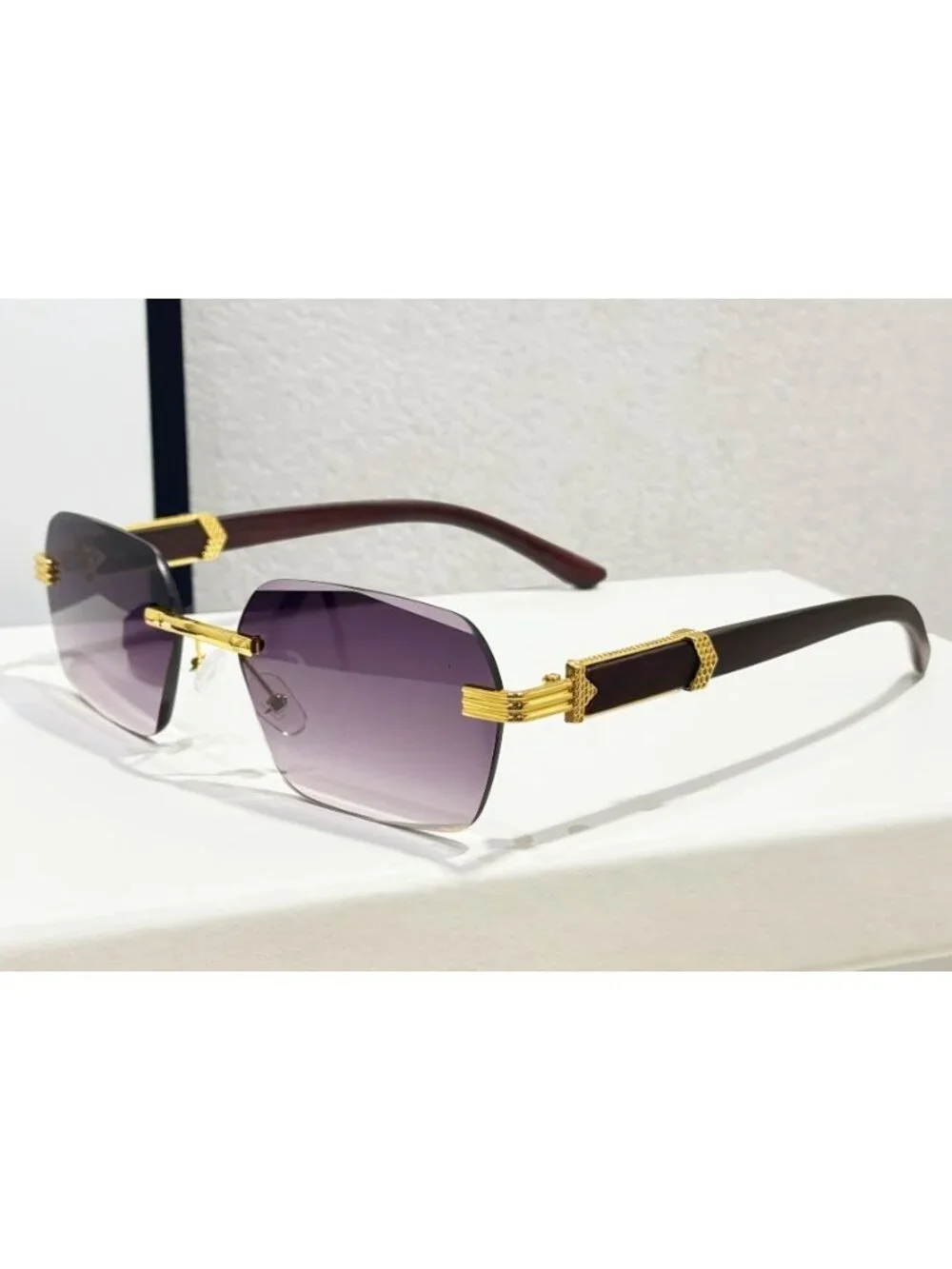 Retro Unisex Rimless Black/Grey Gradient Sunglasses W/ Gold-Tone & Wooden Arms